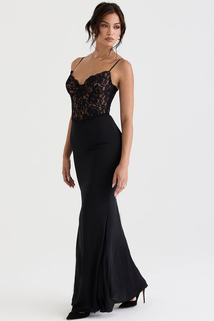 CALORA_ Triana | Zwarte korset maxi jurk