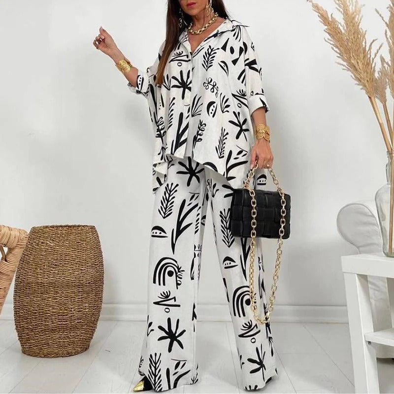 CALORA_ Tweedelig Dames Set met Relaxed Fit en Brede Pijpen
