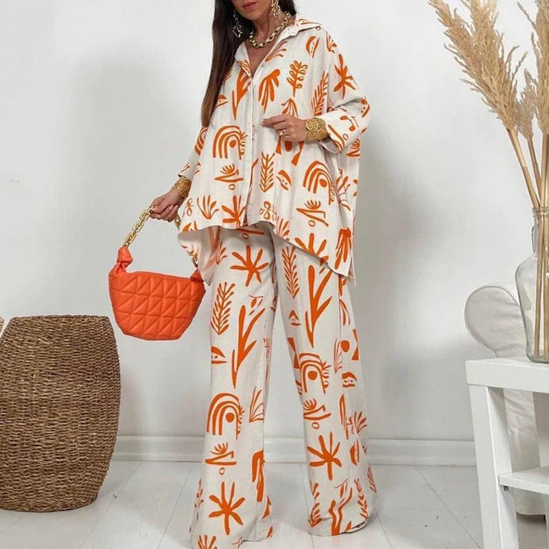 CALORA_ Tweedelig Dames Set met Relaxed Fit en Brede Pijpen