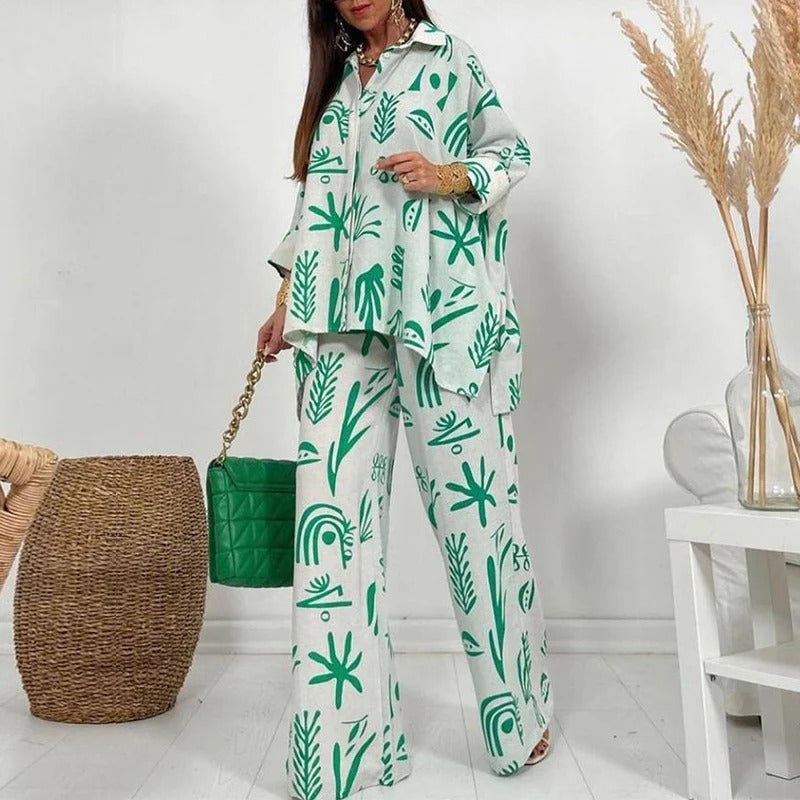 CALORA_ Tweedelig Dames Set met Relaxed Fit en Brede Pijpen