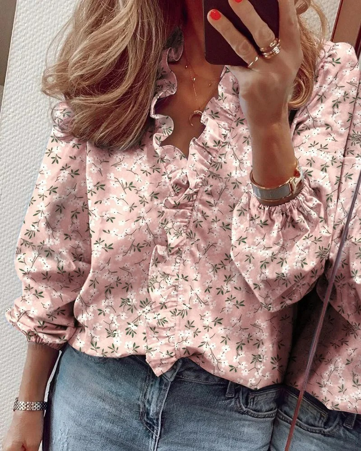 CALORA_ V-hals Ruffle Top met Lange Mouwen en Elegante Details