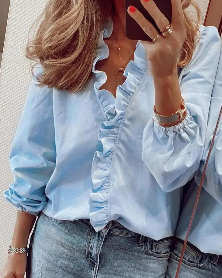 CALORA_ V-hals Ruffle Top met Lange Mouwen en Elegante Details
