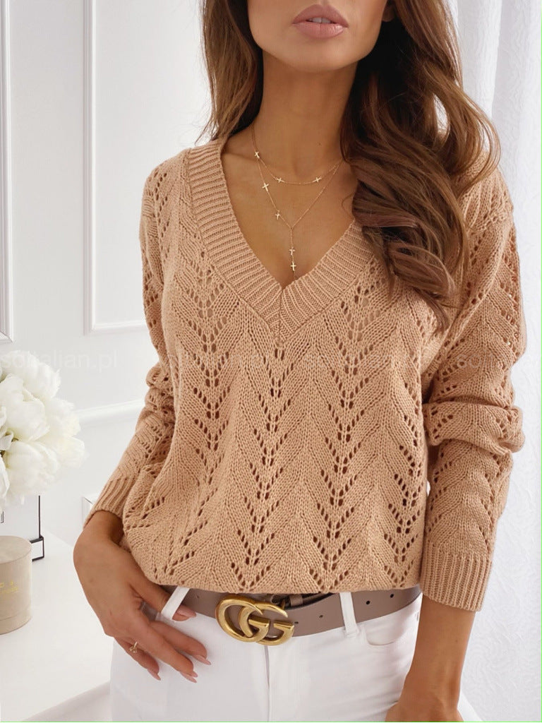 CALORA_ V-hals lange mouw holle losse casual gebreide trui