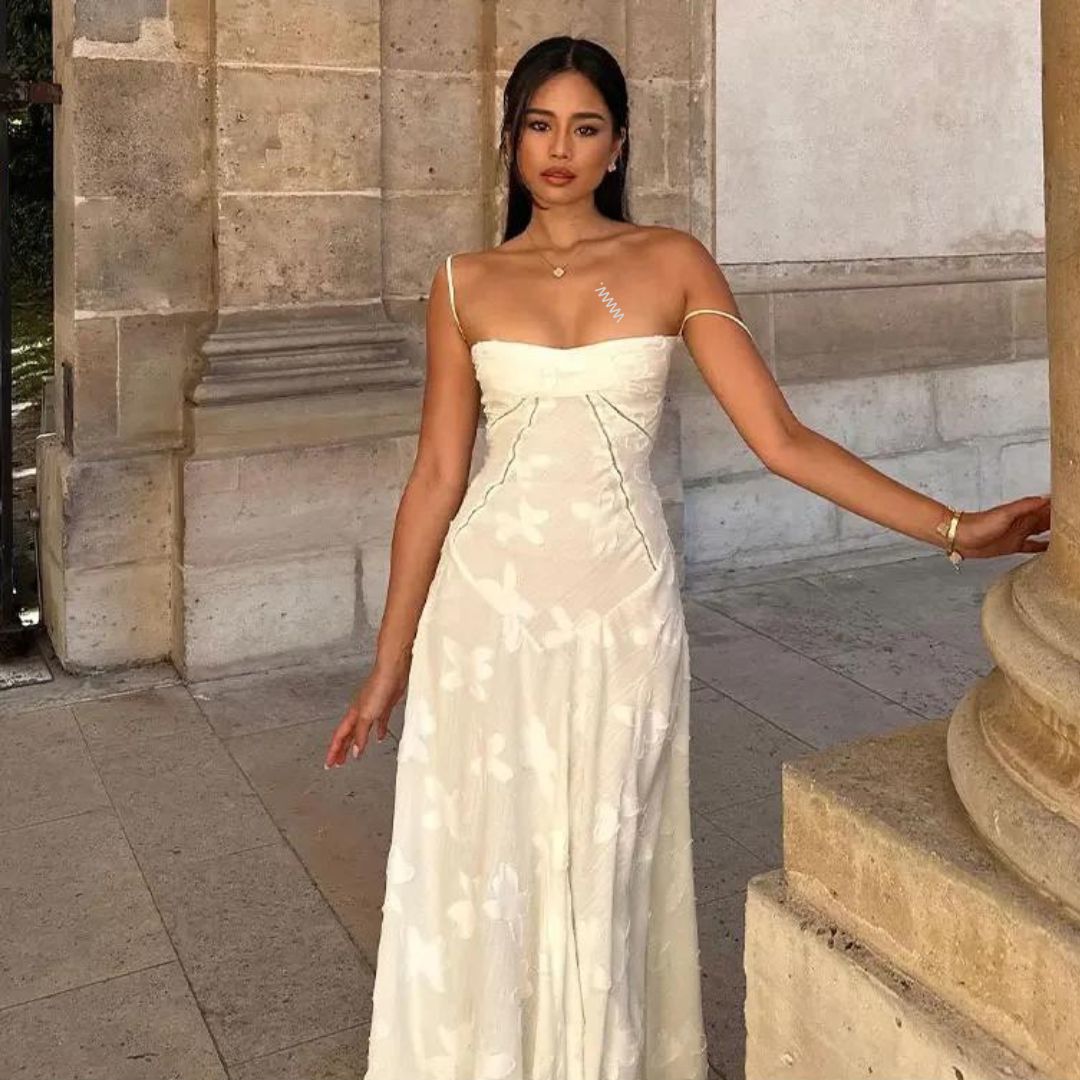 CALORA_ Valentié | Strapless Jasmijn Maxi Jurk met Subtiele Bloemmotief