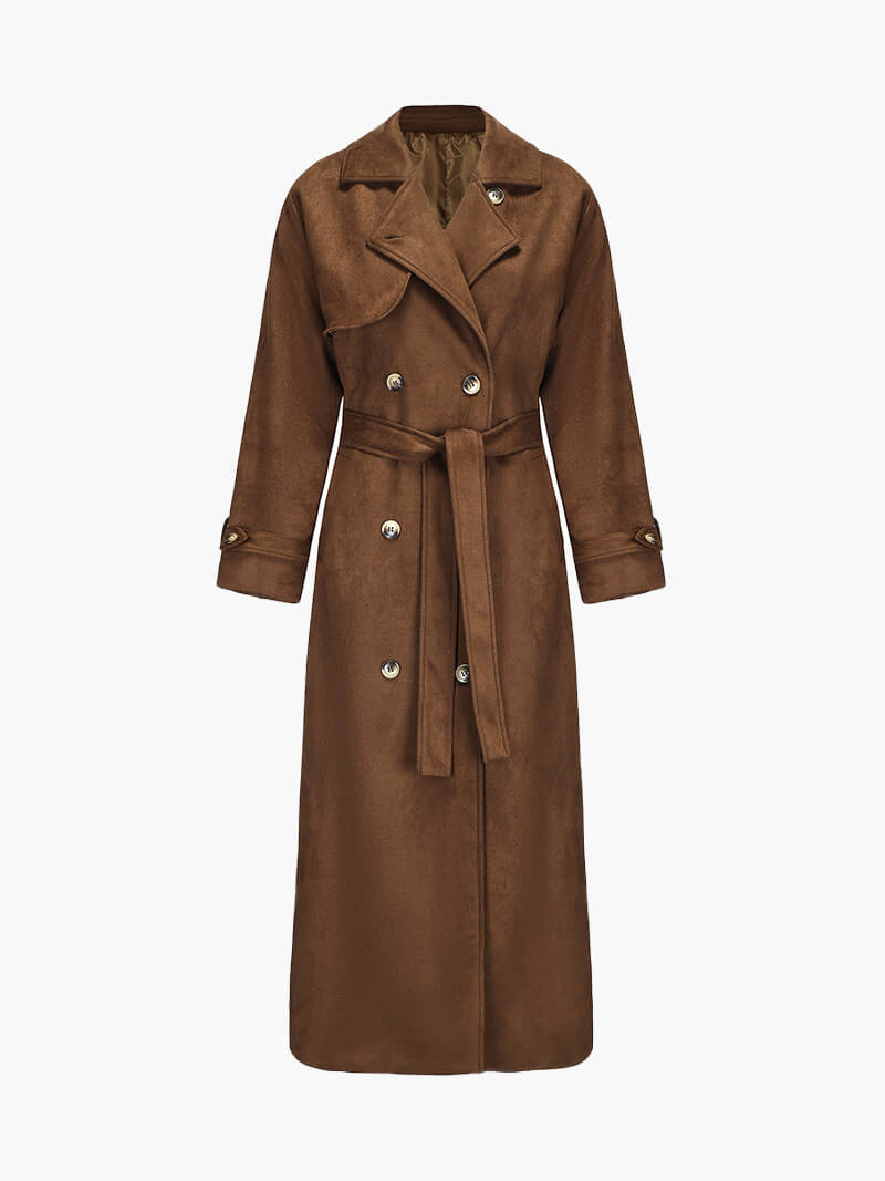 CALORA_ Vegan Suède Maxi Trenchcoat met Ceintuur en Vintage Chic Stijl