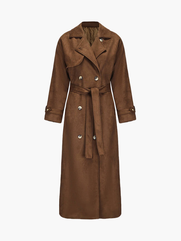 CALORA_ Vegan Suède Maxi Trenchcoat met Ceintuur en Vintage Chic Stijl