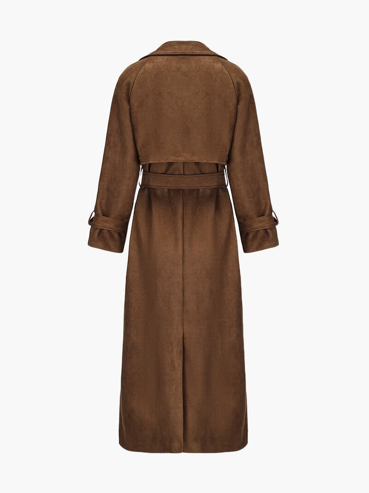 CALORA_ Vegan Suède Maxi Trenchcoat met Ceintuur en Vintage Chic Stijl