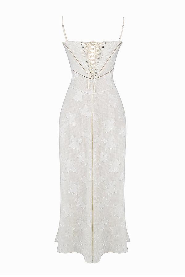 CALORA_ Vintage crèmekleurige maxi jurk met kanten achterkant