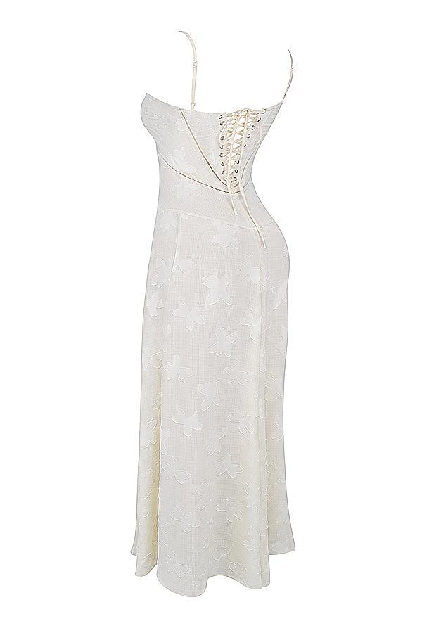 CALORA_ Vintage crèmekleurige maxi jurk met kanten achterkant