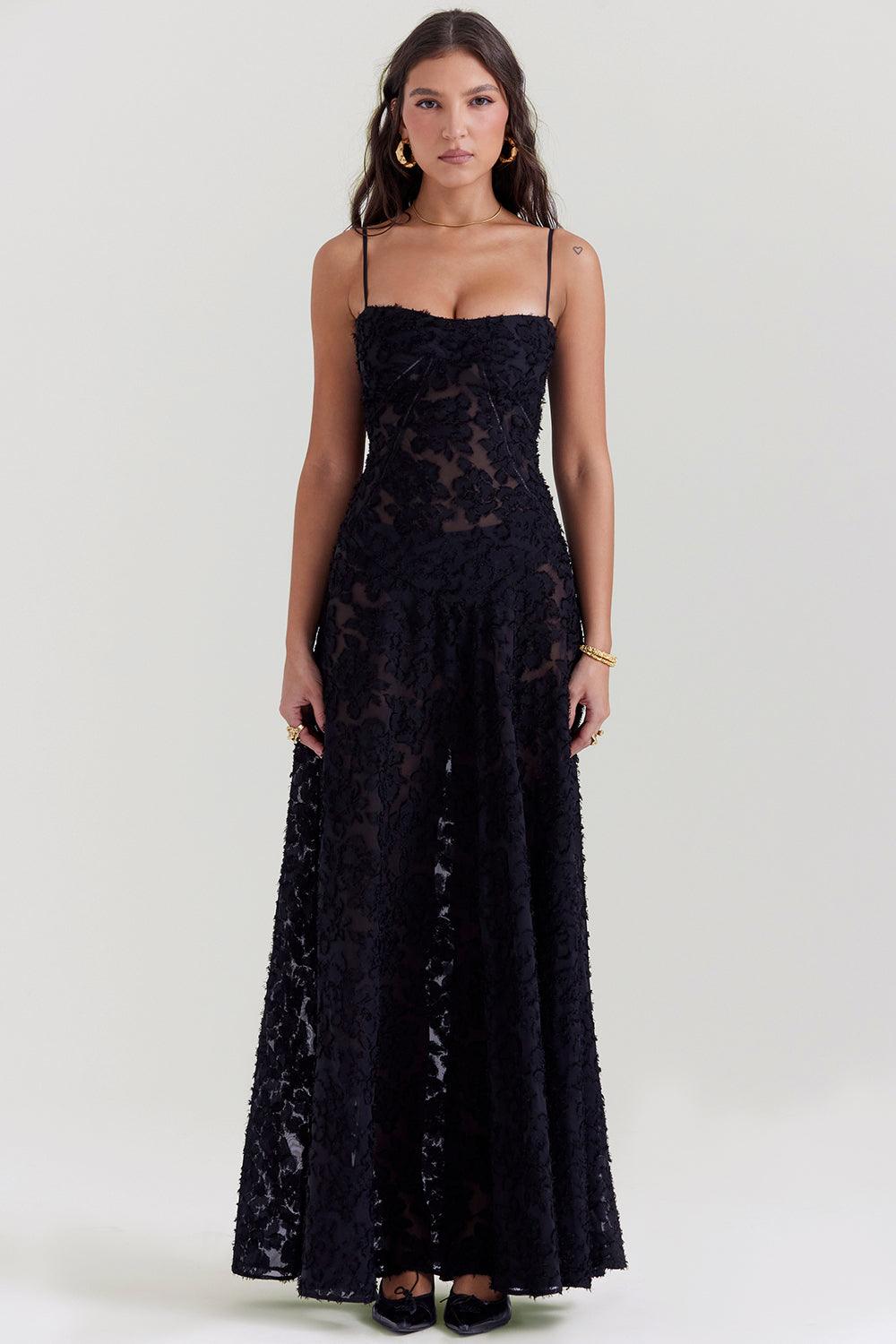CALORA_ Vintage crèmekleurige maxi jurk met kanten achterkant