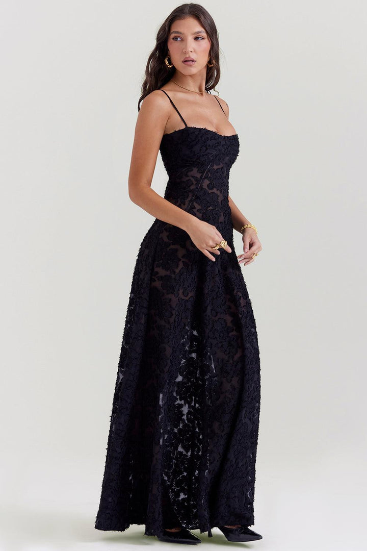 CALORA_ Vintage crèmekleurige maxi jurk met kanten achterkant