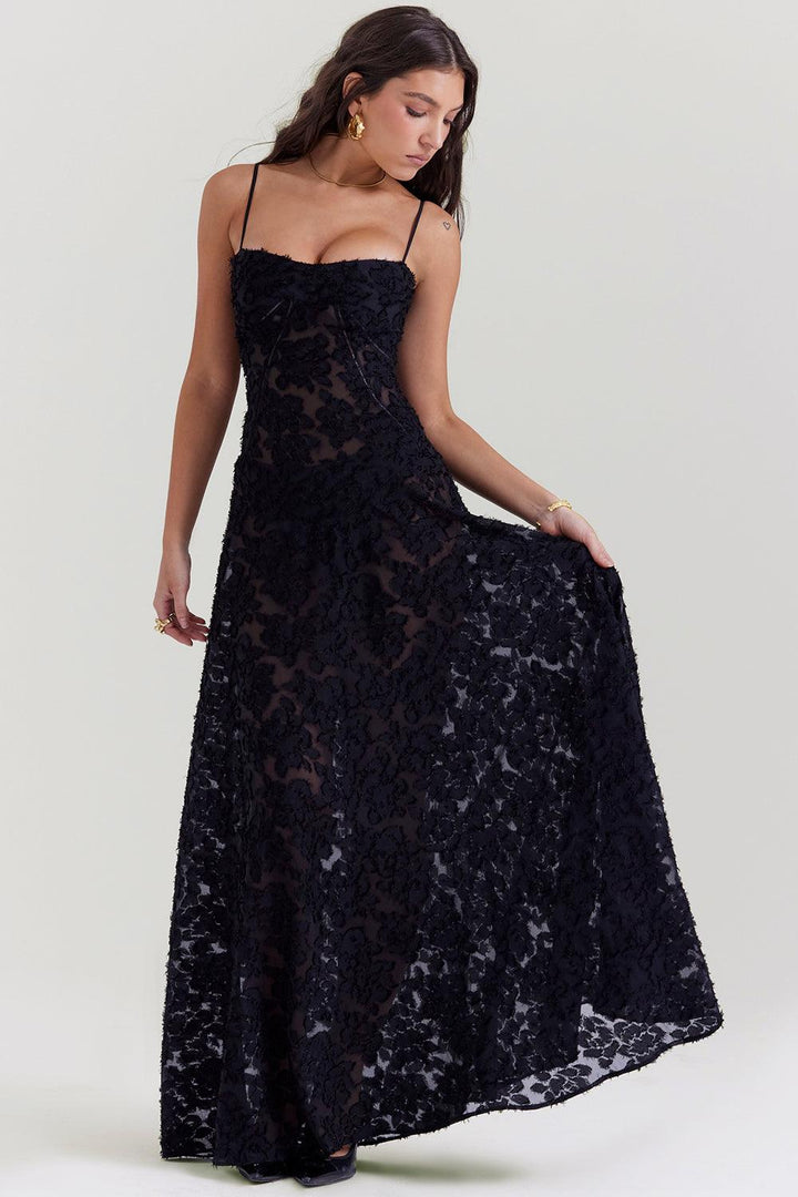 CALORA_ Vintage crèmekleurige maxi jurk met kanten achterkant