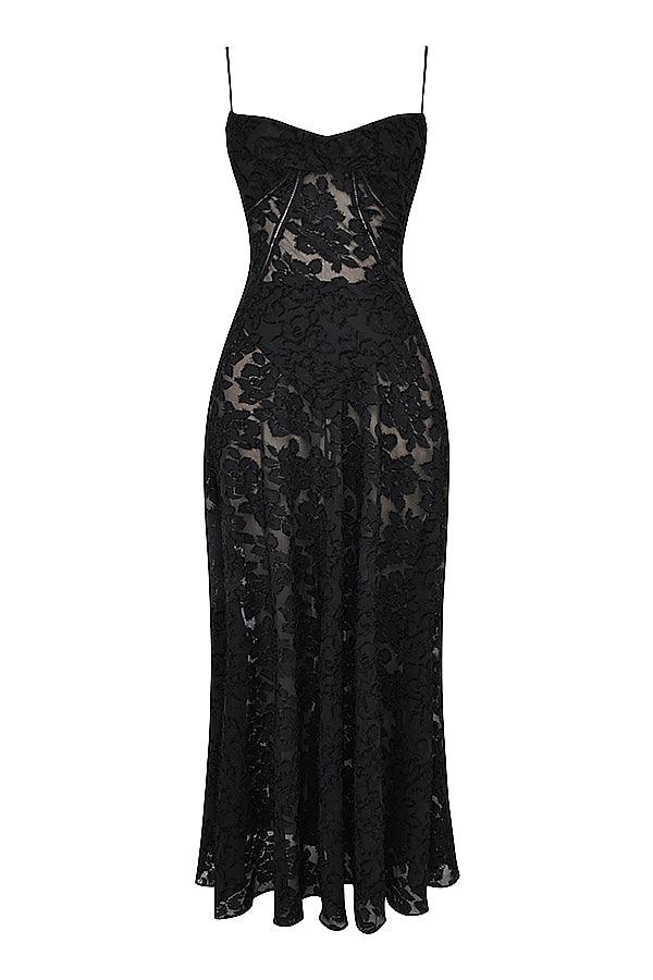 CALORA_ Vintage crèmekleurige maxi jurk met kanten achterkant