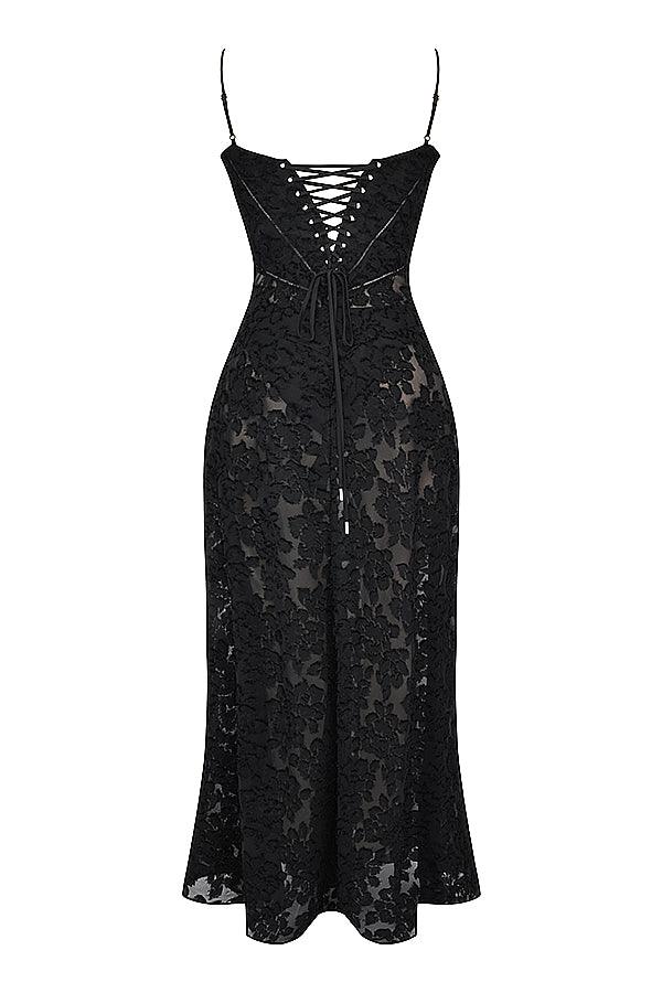 CALORA_ Vintage crèmekleurige maxi jurk met kanten achterkant