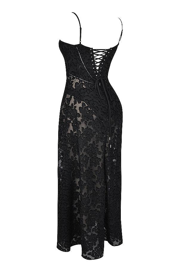 CALORA_ Vintage crèmekleurige maxi jurk met kanten achterkant