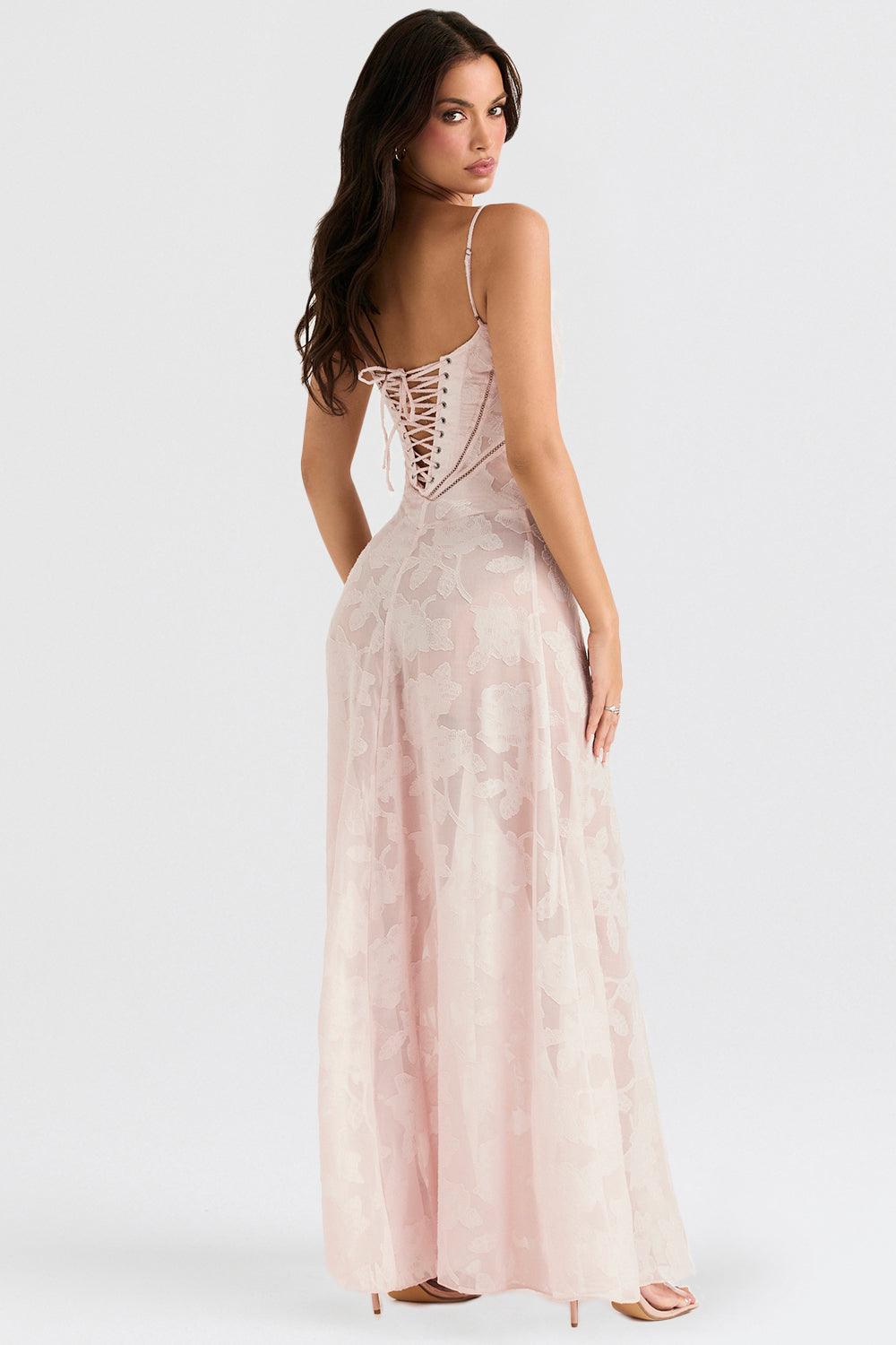 CALORA_ Vintage crèmekleurige maxi jurk met kanten achterkant