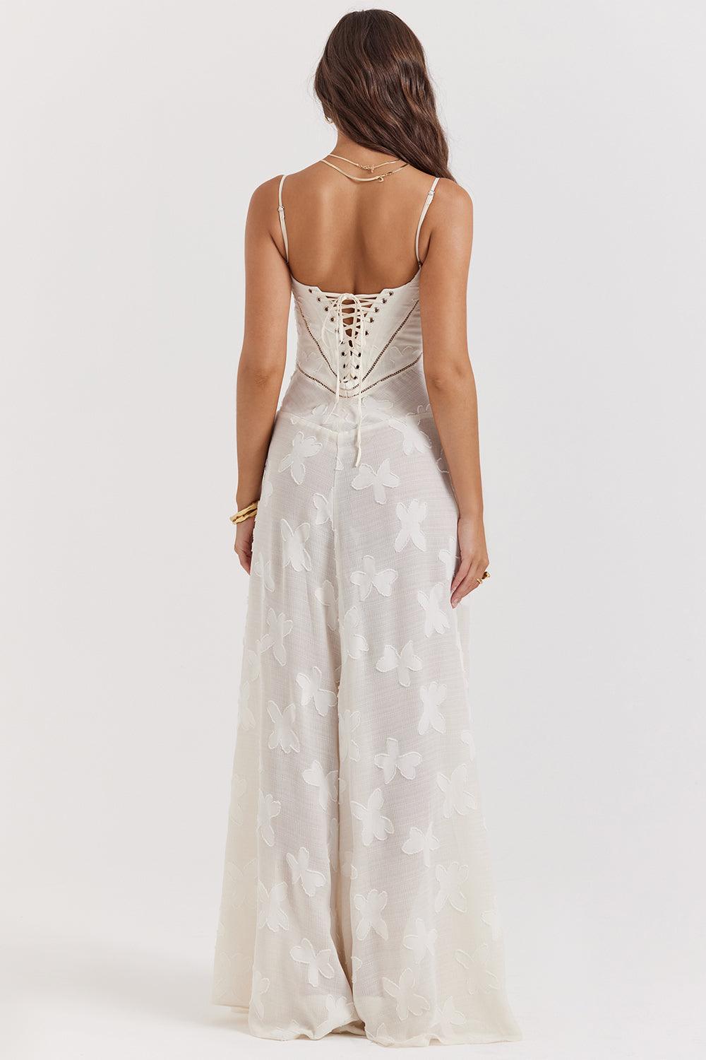 CALORA_ Vintage crèmekleurige maxi jurk met kanten achterkant