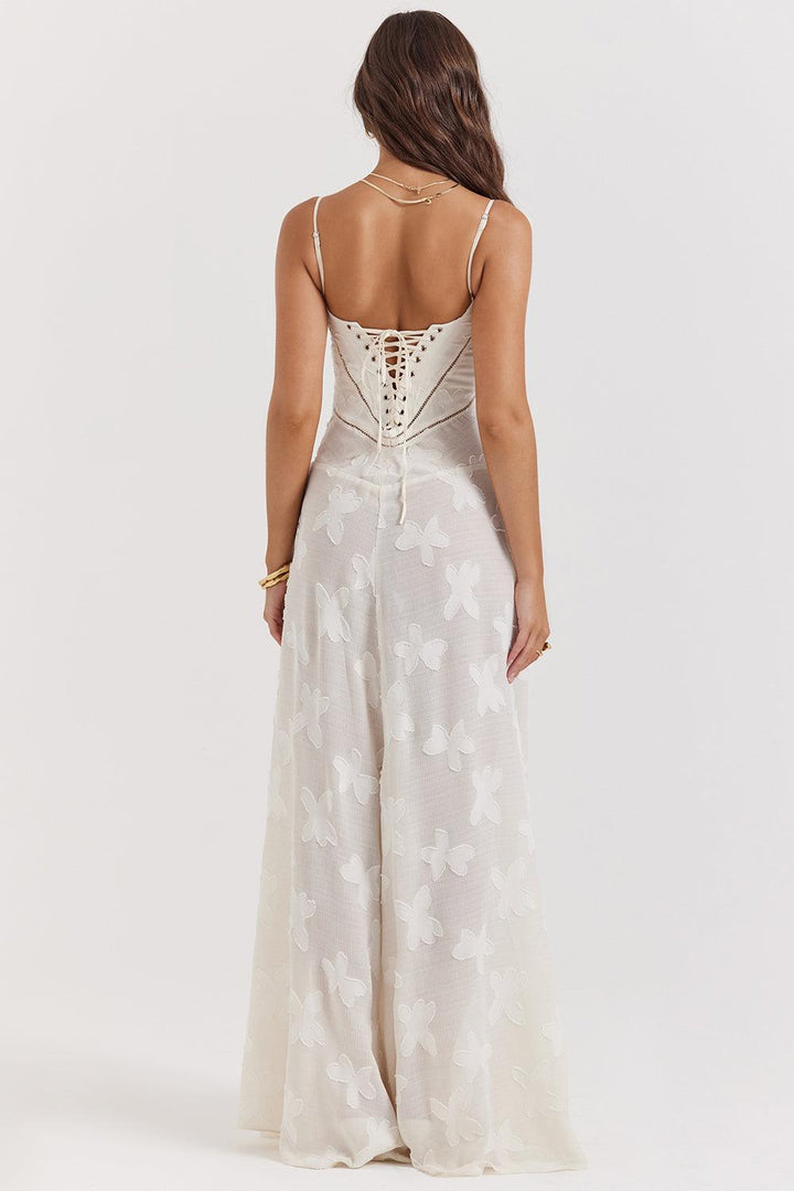 CALORA_ Vintage crèmekleurige maxi jurk met kanten achterkant