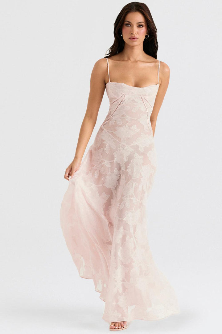 CALORA_ Vintage crèmekleurige maxi jurk met kanten achterkant