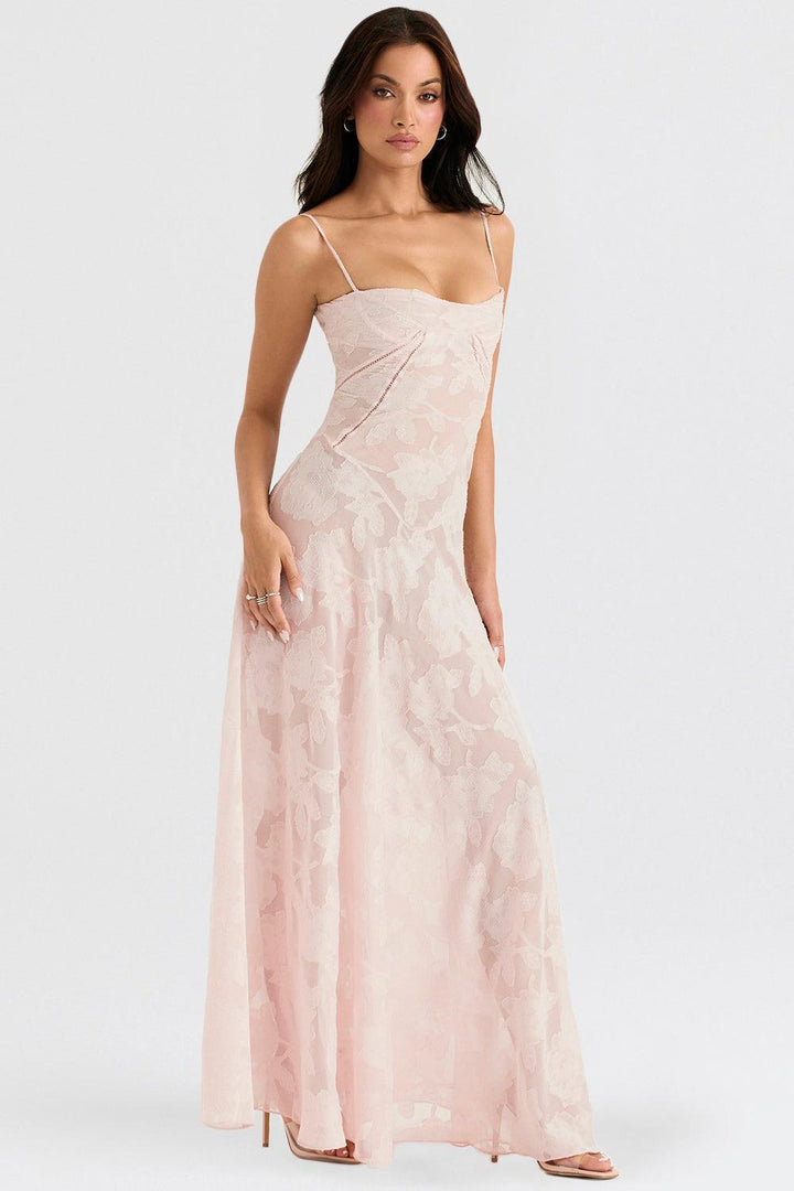 CALORA_ Vintage crèmekleurige maxi jurk met kanten achterkant