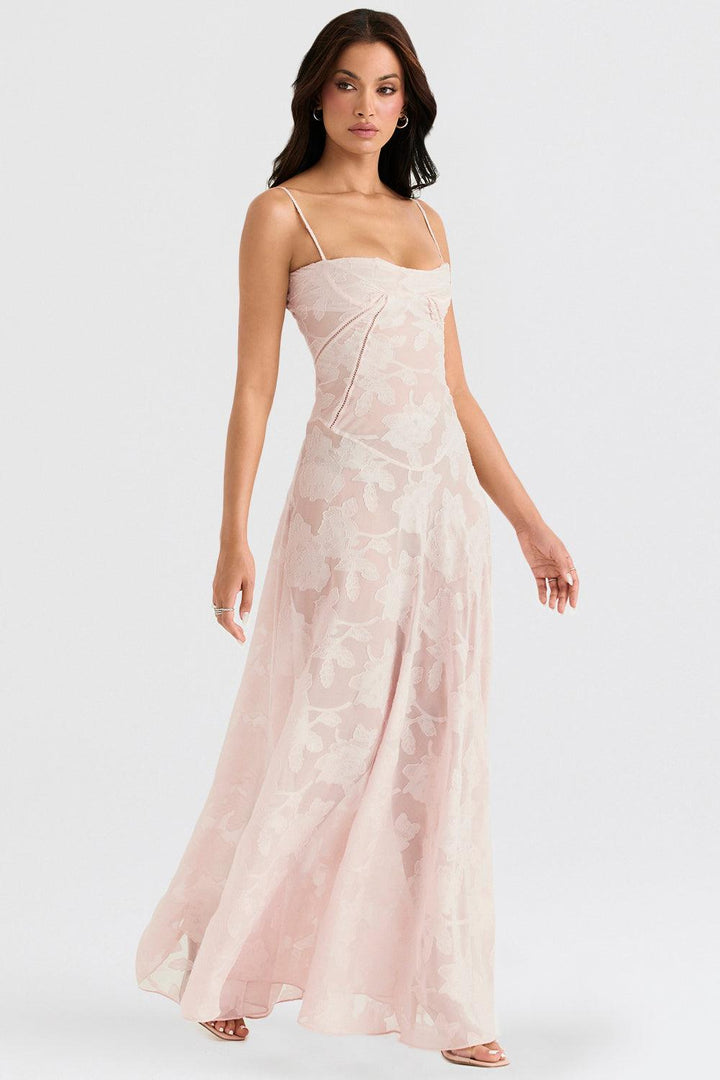 CALORA_ Vintage crèmekleurige maxi jurk met kanten achterkant