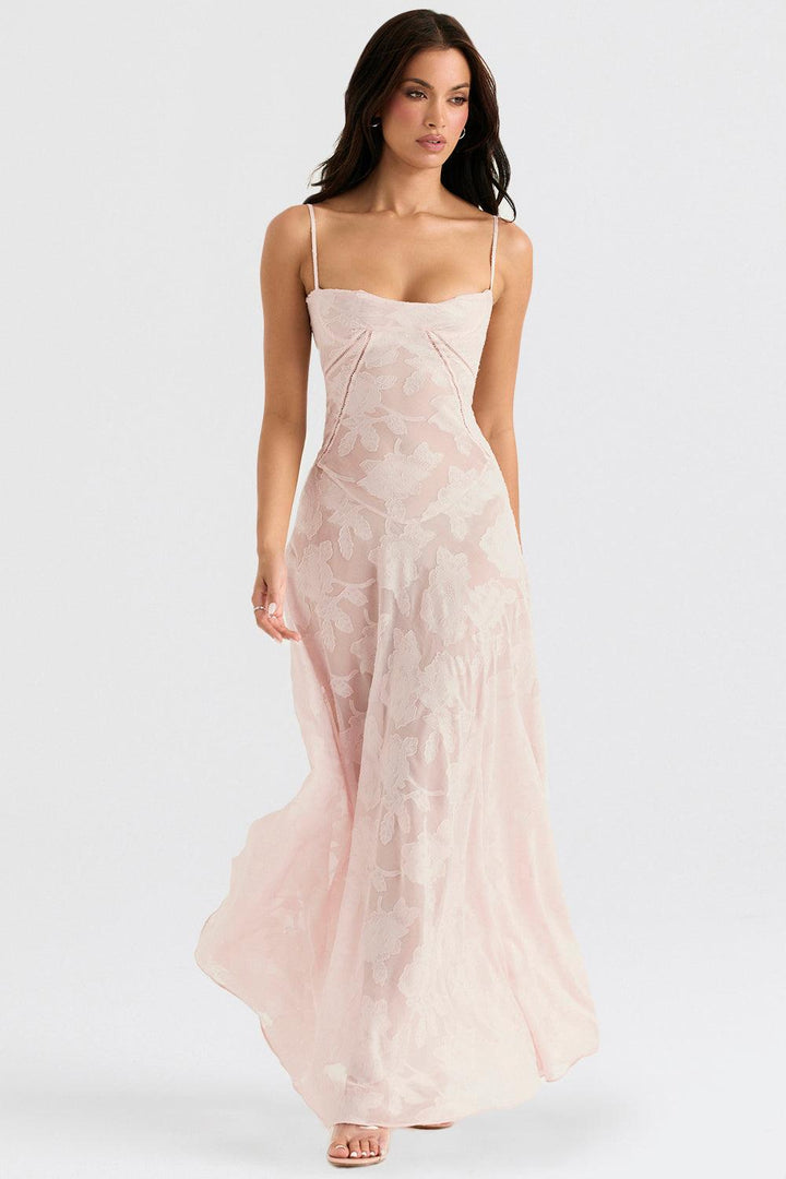CALORA_ Vintage crèmekleurige maxi jurk met kanten achterkant