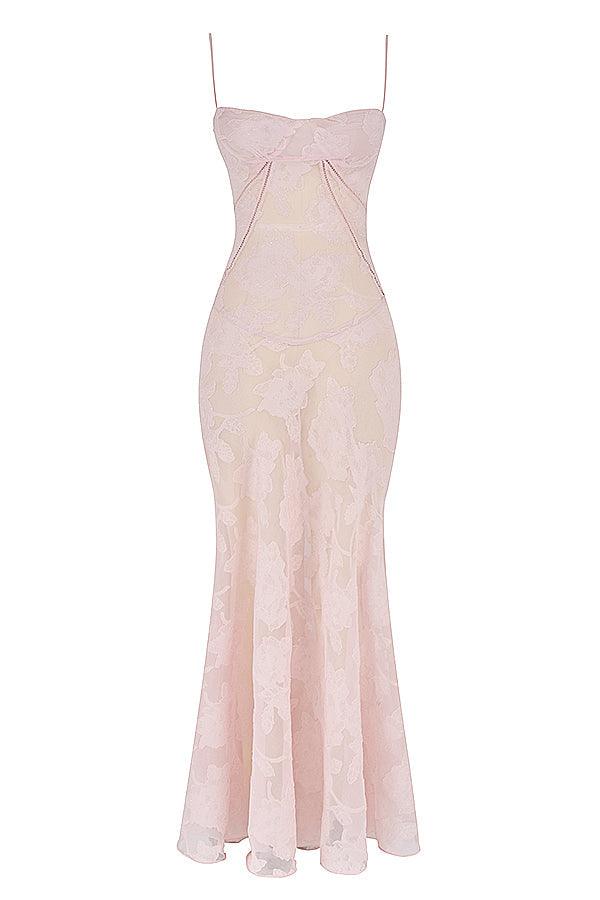 CALORA_ Vintage crèmekleurige maxi jurk met kanten achterkant