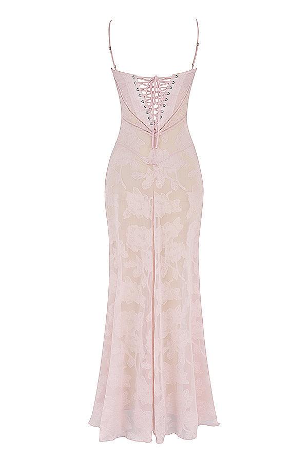 CALORA_ Vintage crèmekleurige maxi jurk met kanten achterkant