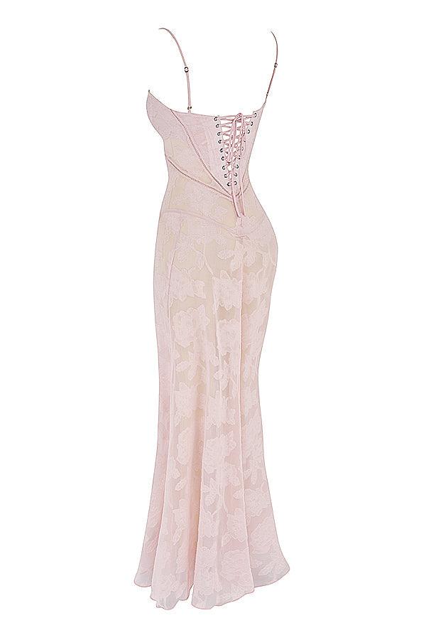 CALORA_ Vintage crèmekleurige maxi jurk met kanten achterkant