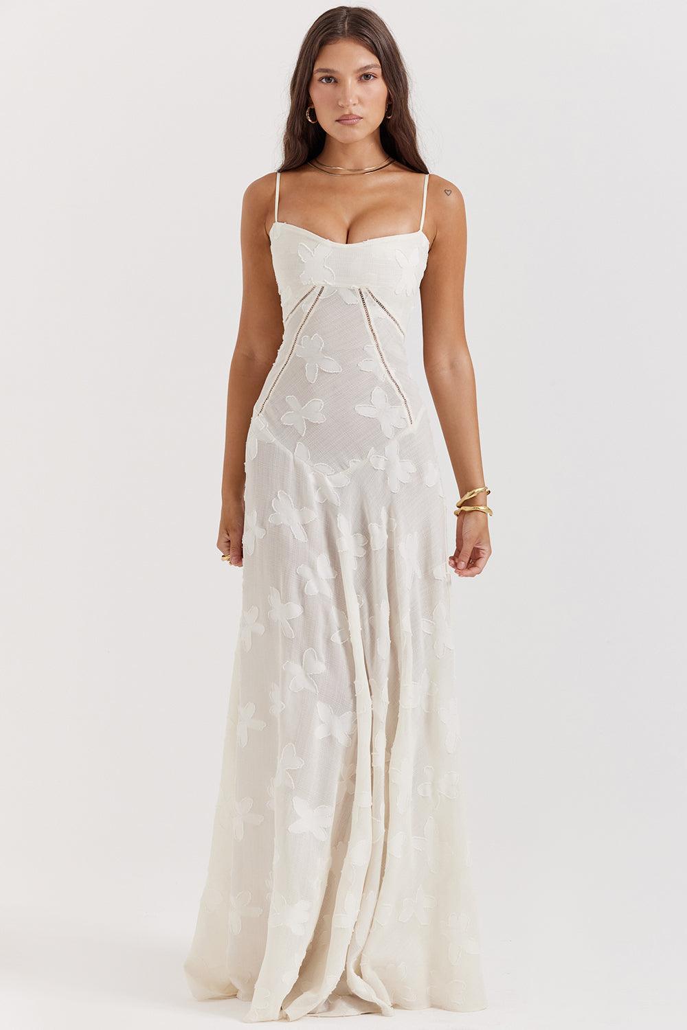 CALORA_ Vintage crèmekleurige maxi jurk met kanten achterkant