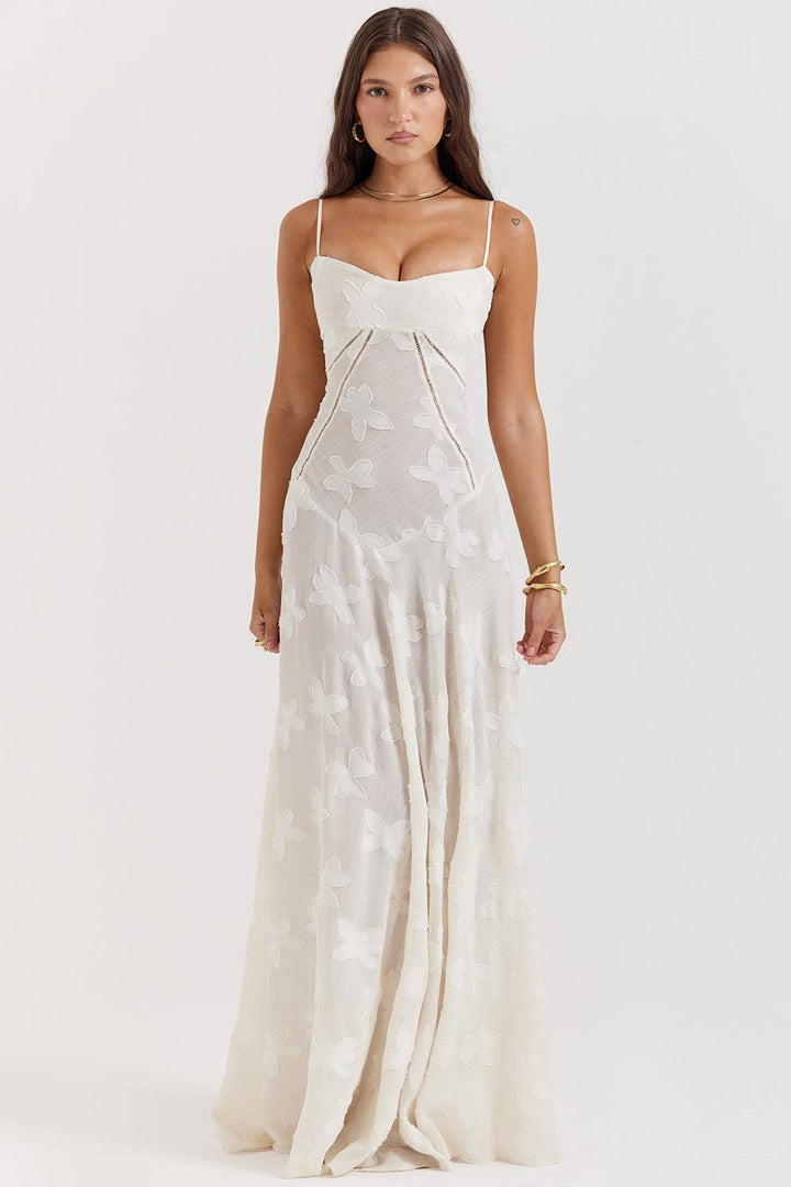 CALORA_ Vintage crèmekleurige maxi jurk met kanten achterkant
