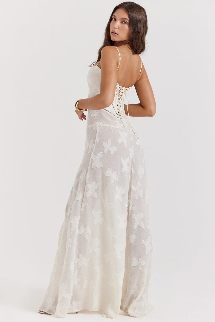 CALORA_ Vintage crèmekleurige maxi jurk met kanten achterkant