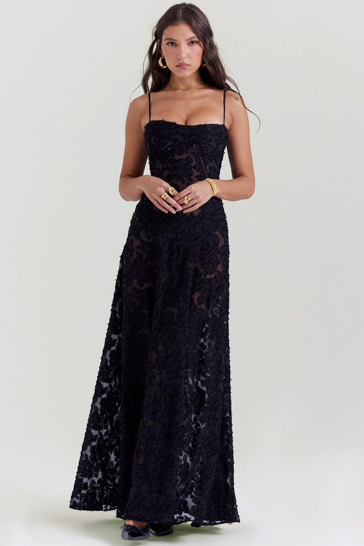 CALORA_ Vintage crèmekleurige maxi jurk met kanten achterkant