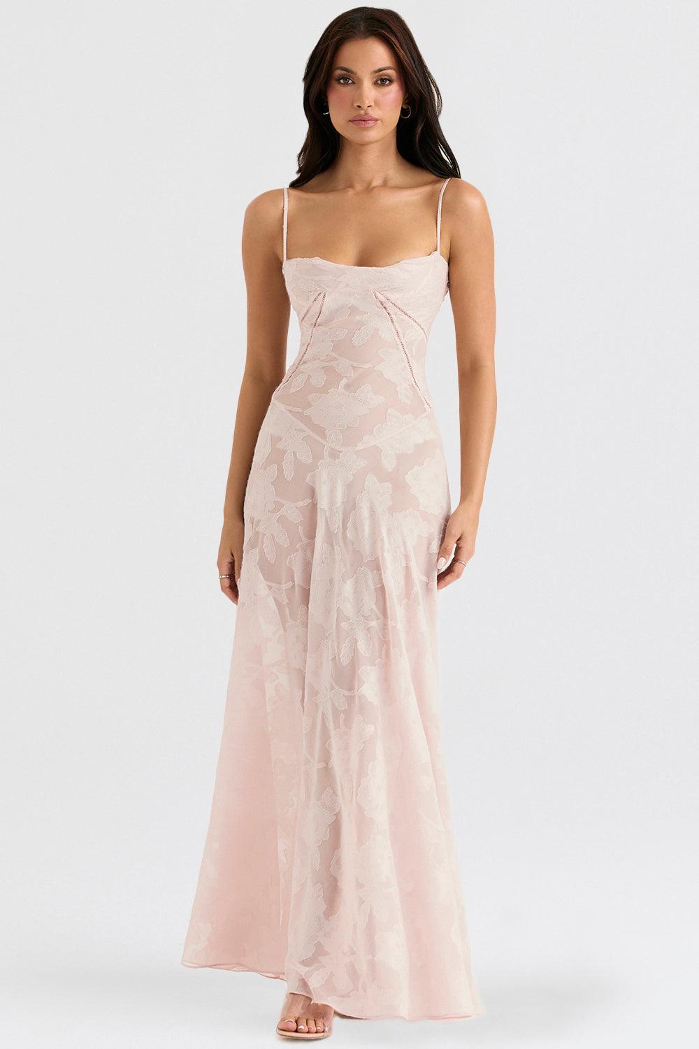 CALORA_ Vintage crèmekleurige maxi jurk met kanten achterkant