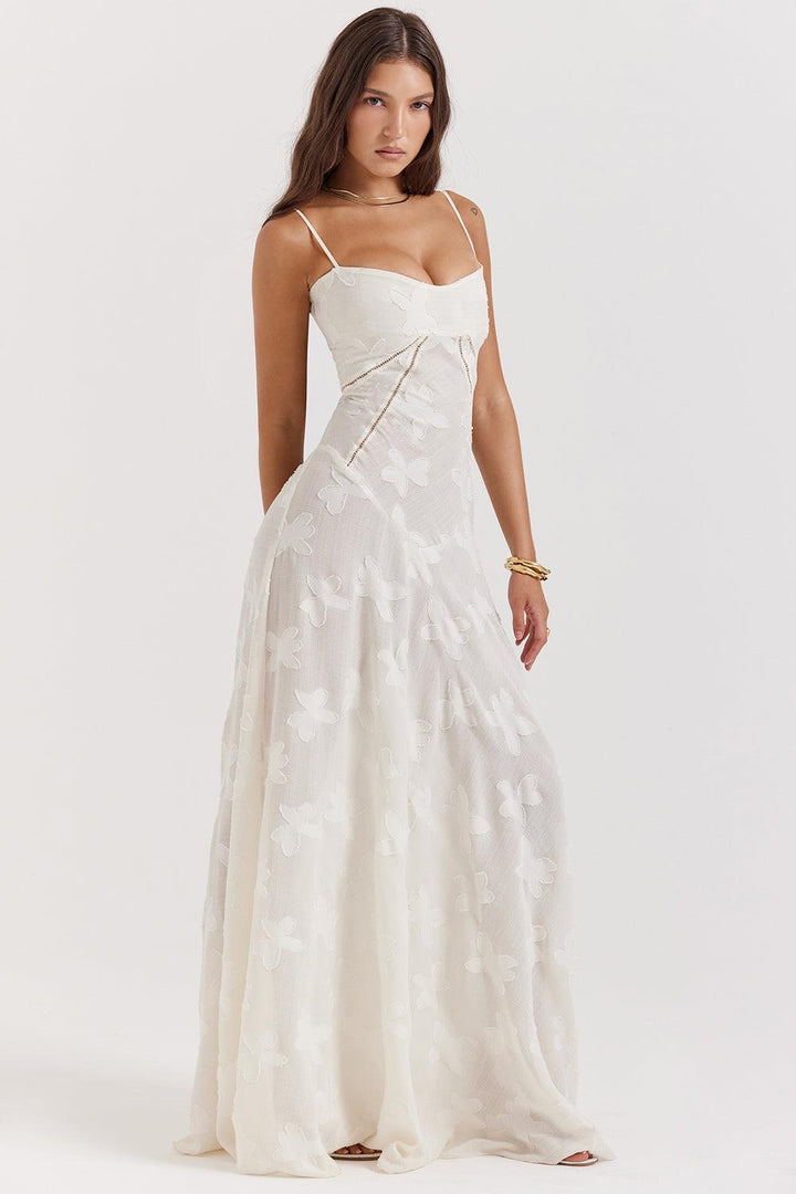CALORA_ Vintage crèmekleurige maxi jurk met kanten achterkant