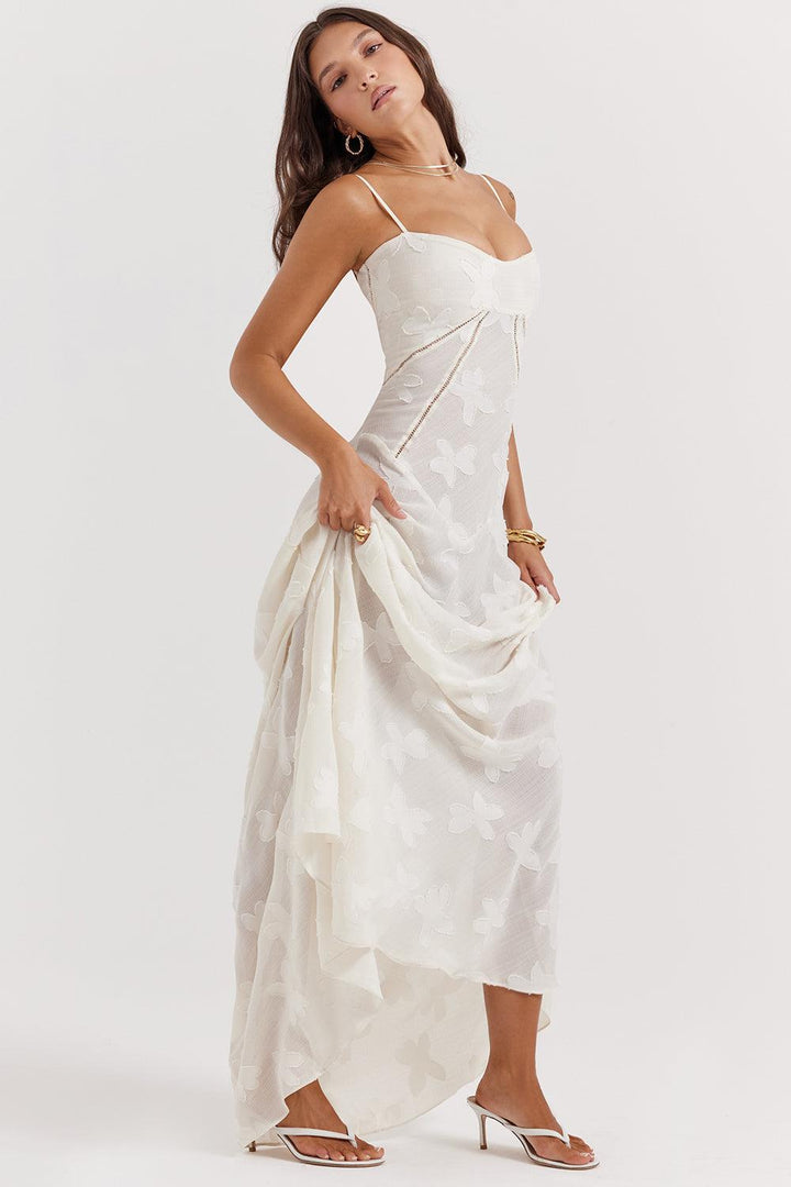 CALORA_ Vintage crèmekleurige maxi jurk met kanten achterkant