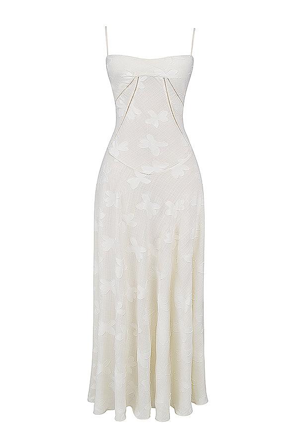 CALORA_ Vintage crèmekleurige maxi jurk met kanten achterkant