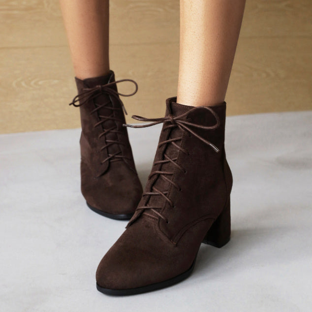 CALORA_ Vrouwen Frosted Korte Laarzen met Veters en Chunky Hak voor Comfort