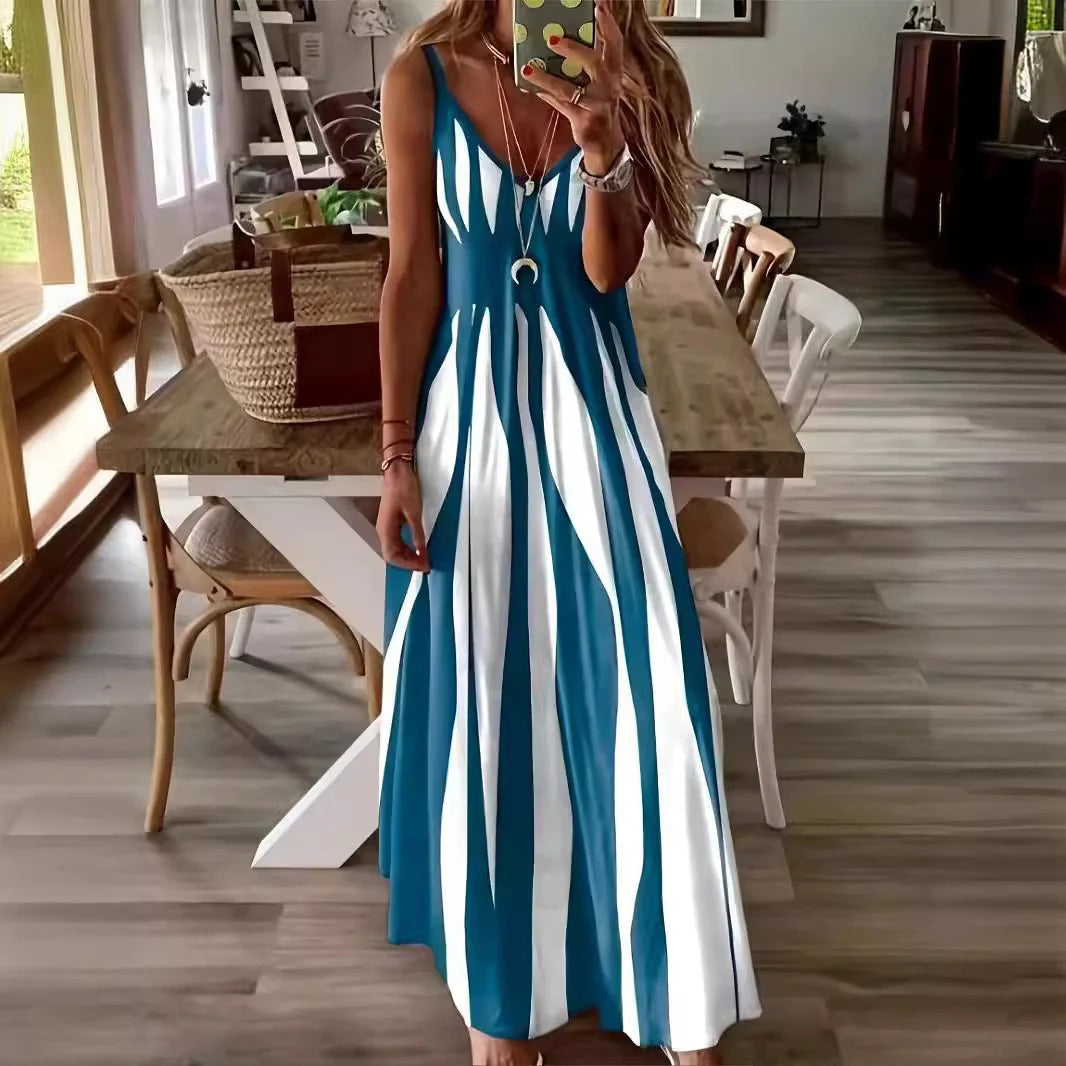 CALORA_ Vrouwen Maxi Jurk met V-Hals en Verticaal Strepen Design