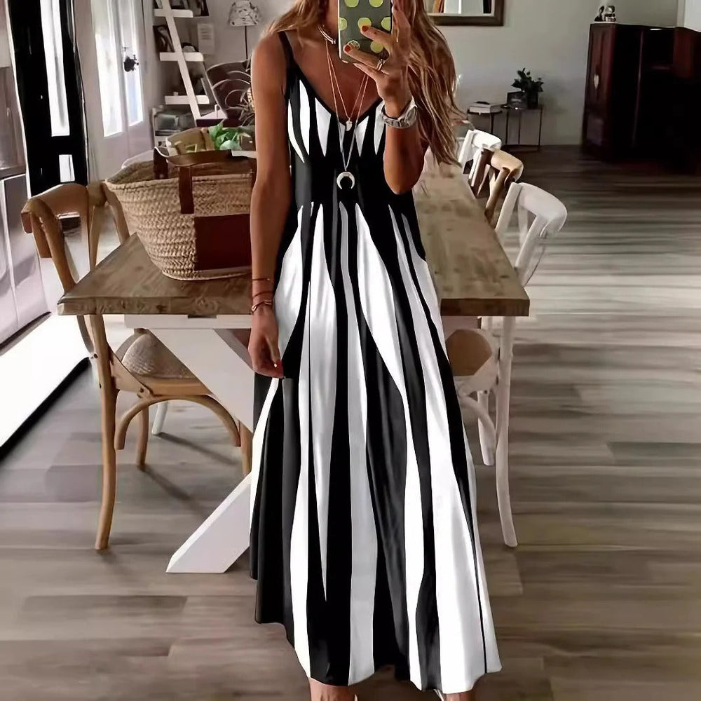 CALORA_ Vrouwen Maxi Jurk met V-Hals en Verticaal Strepen Design