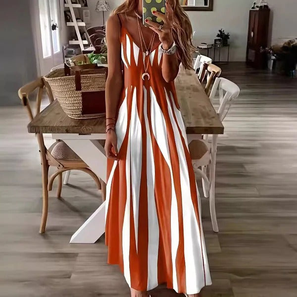 CALORA_ Vrouwen Maxi Jurk met V-Hals en Verticaal Strepen Design