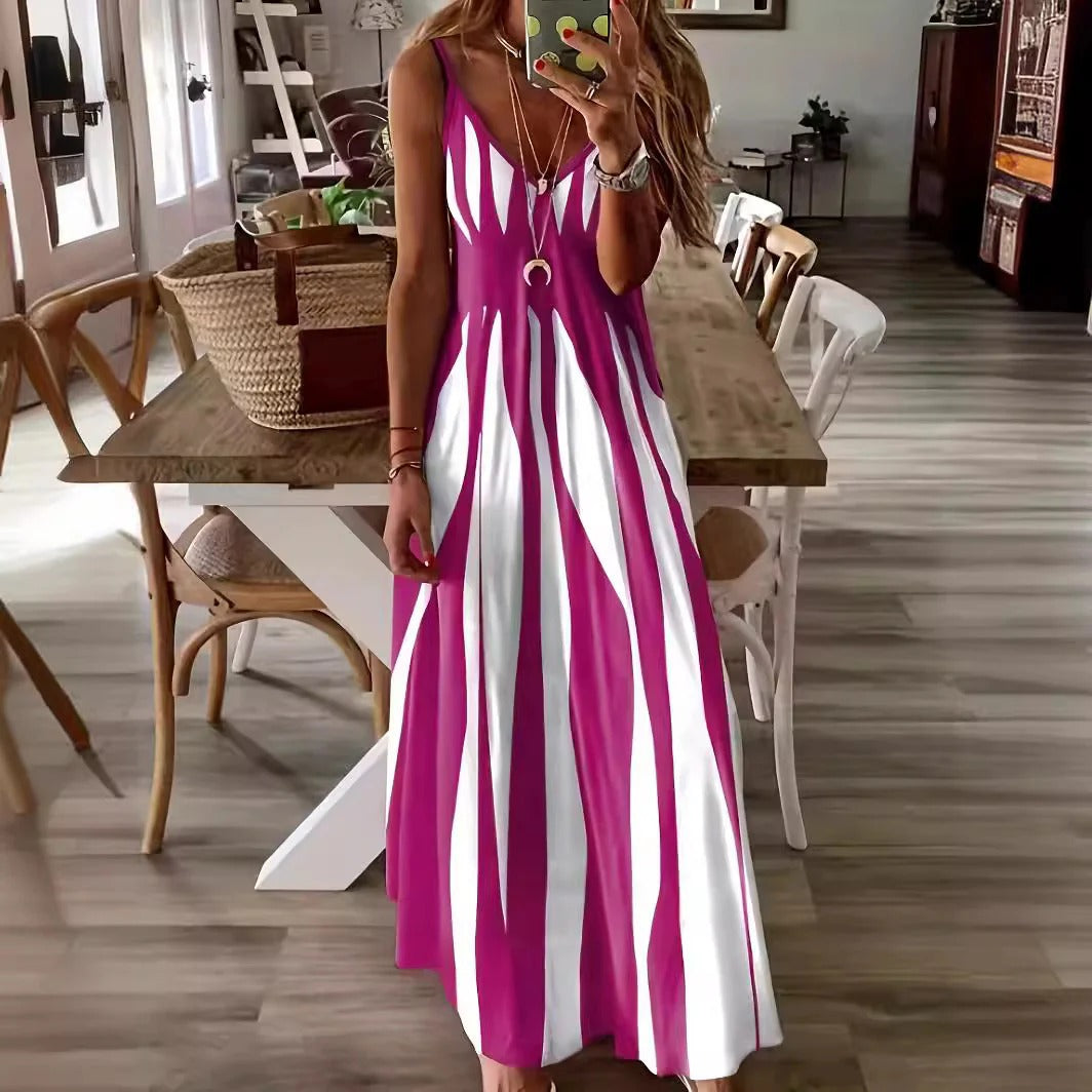 CALORA_ Vrouwen Maxi Jurk met V-Hals en Verticaal Strepen Design