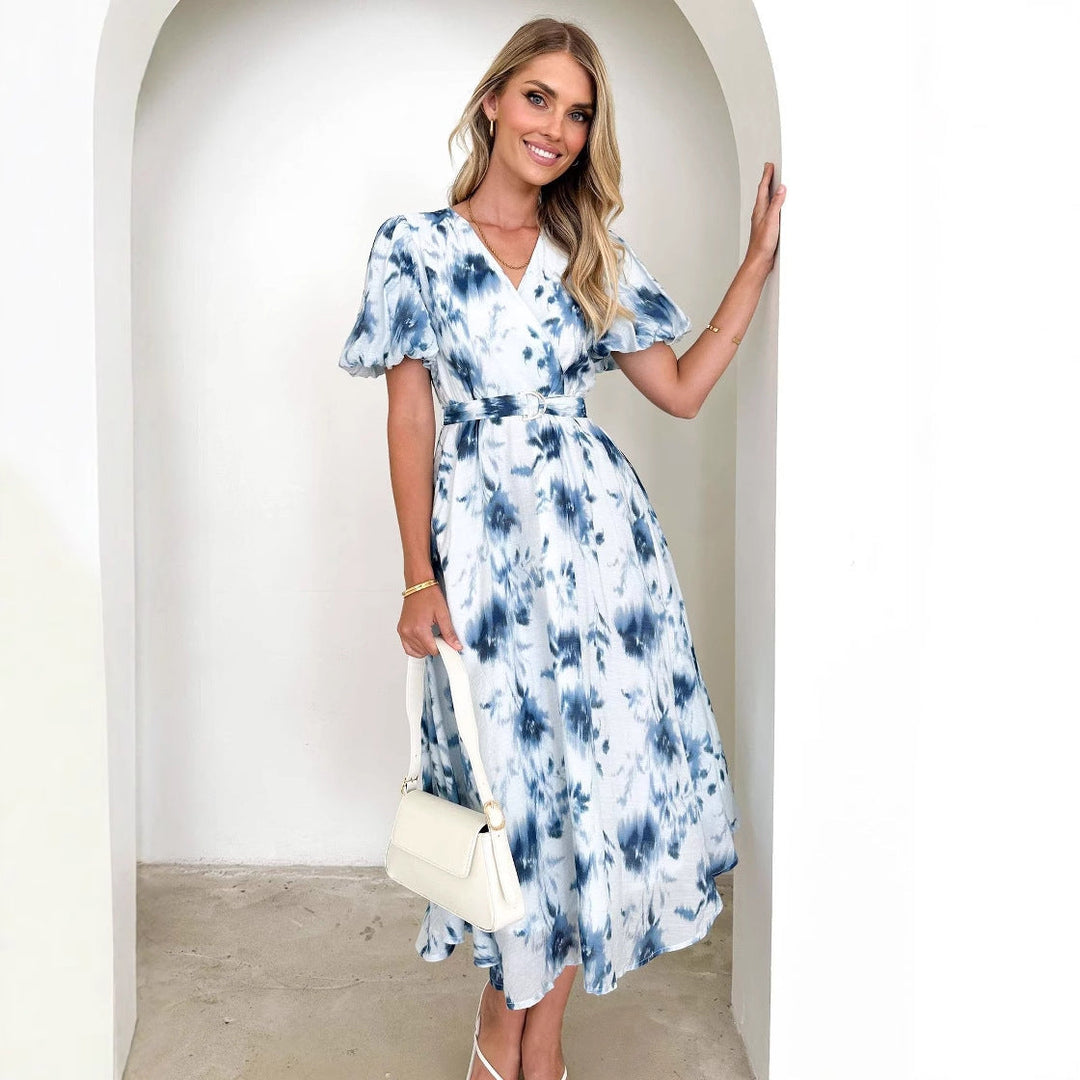 CALORA_ Vrouwen Midi Jurk met V-Hals en Pofmouwen in Flatterende Stijl