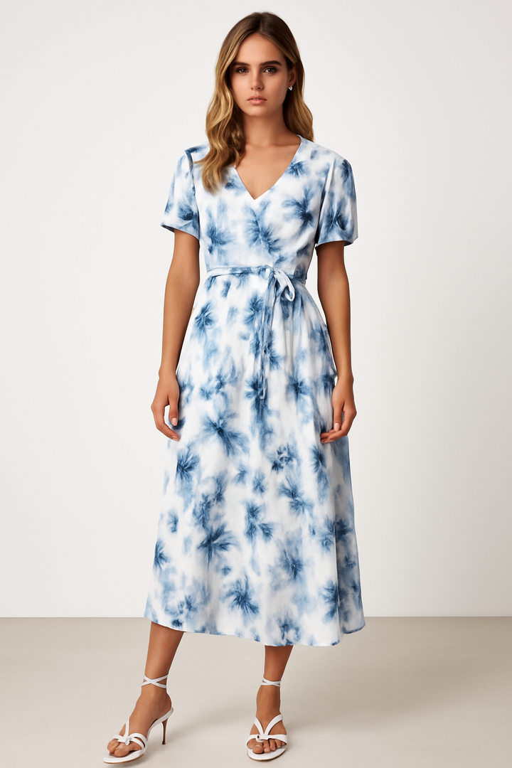 CALORA_ Vrouwen Midi Jurk met V-Hals en Pofmouwen in Flatterende Stijl