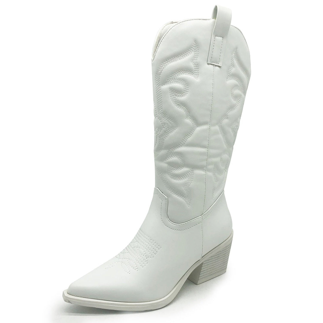 CALORA_ Witte Leren Cowboylaarzen Zwarte Zool