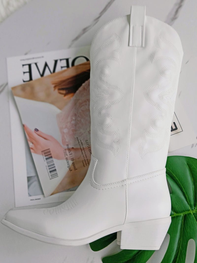 CALORA_ Witte Leren Cowboylaarzen Zwarte Zool
