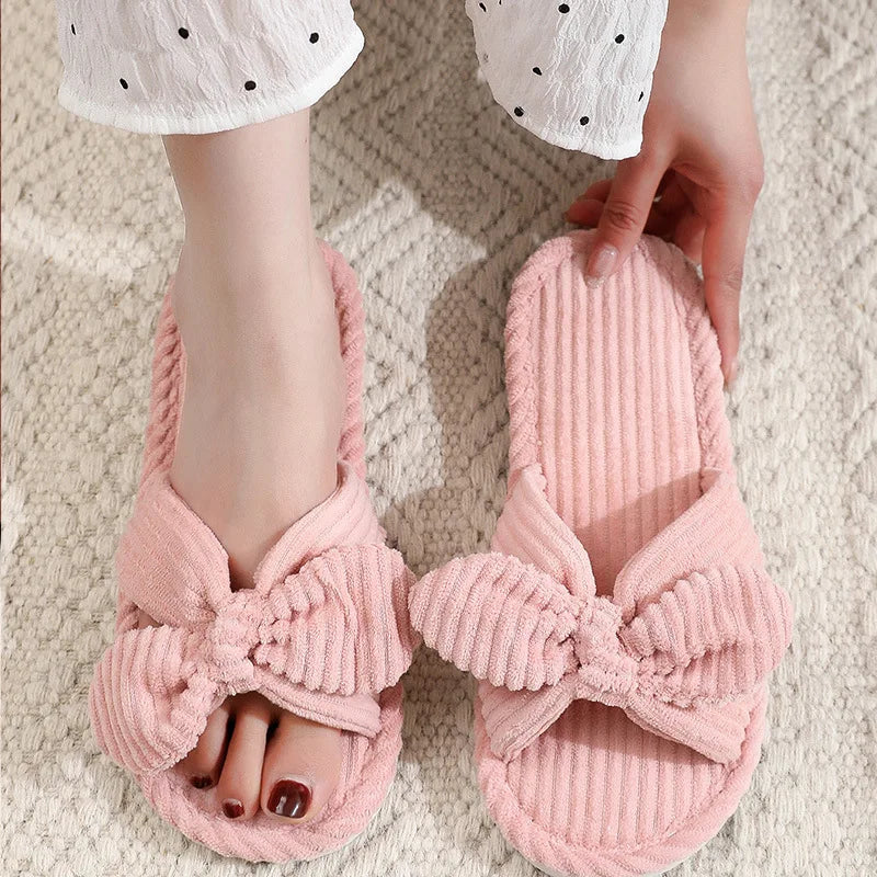 CALORA_ Zachte Corduroy Slippers met Strik voor Thuiscomfort