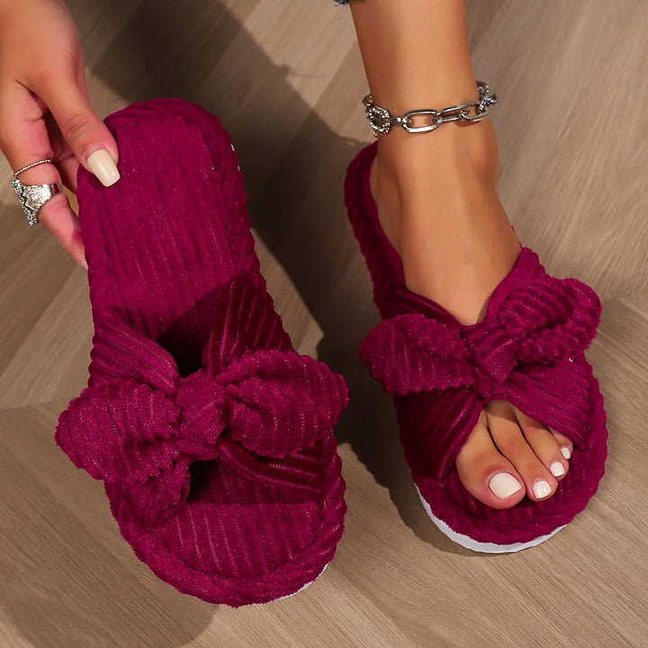 CALORA_ Zachte Corduroy Slippers met Strik voor Thuiscomfort