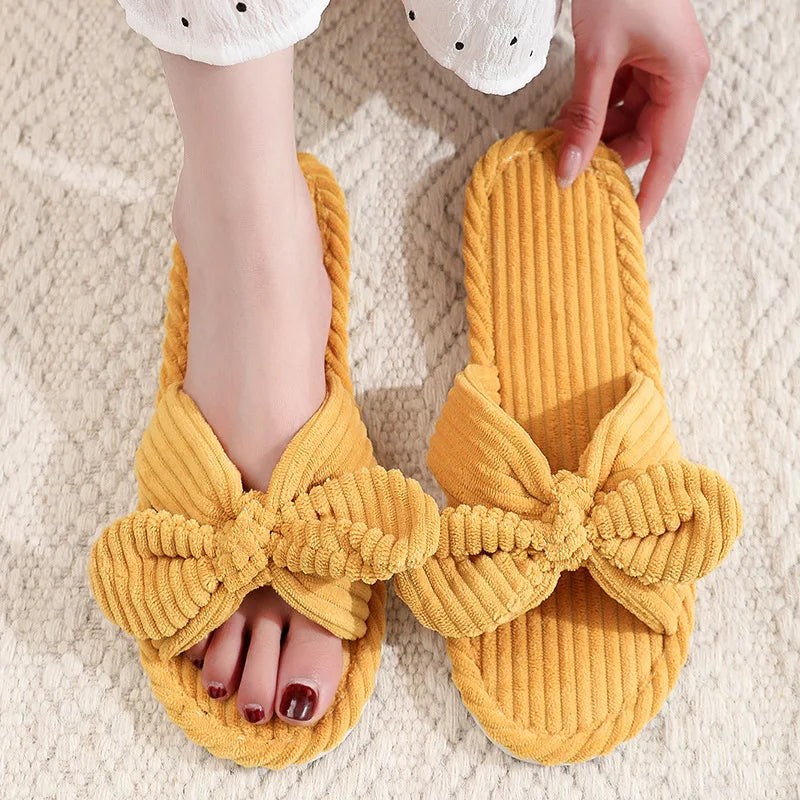 CALORA_ Zachte Corduroy Slippers met Strik voor Thuiscomfort