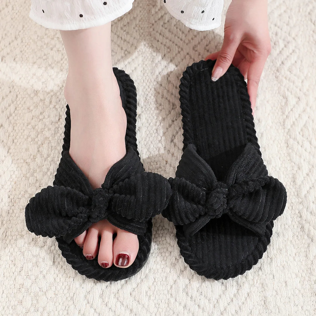 CALORA_ Zachte Corduroy Slippers met Strik voor Thuiscomfort